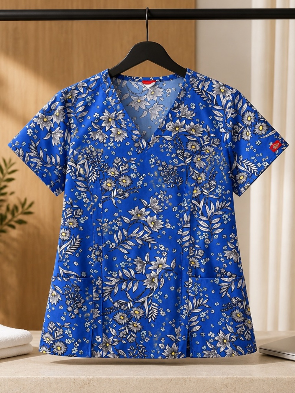 Dickies Blue Floral V-Neck Scrub Top